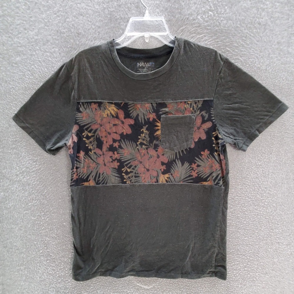 Hawk Men T-Shirt Large Gray Floral Colorblock Tropical Short Sleeve Crew Neck